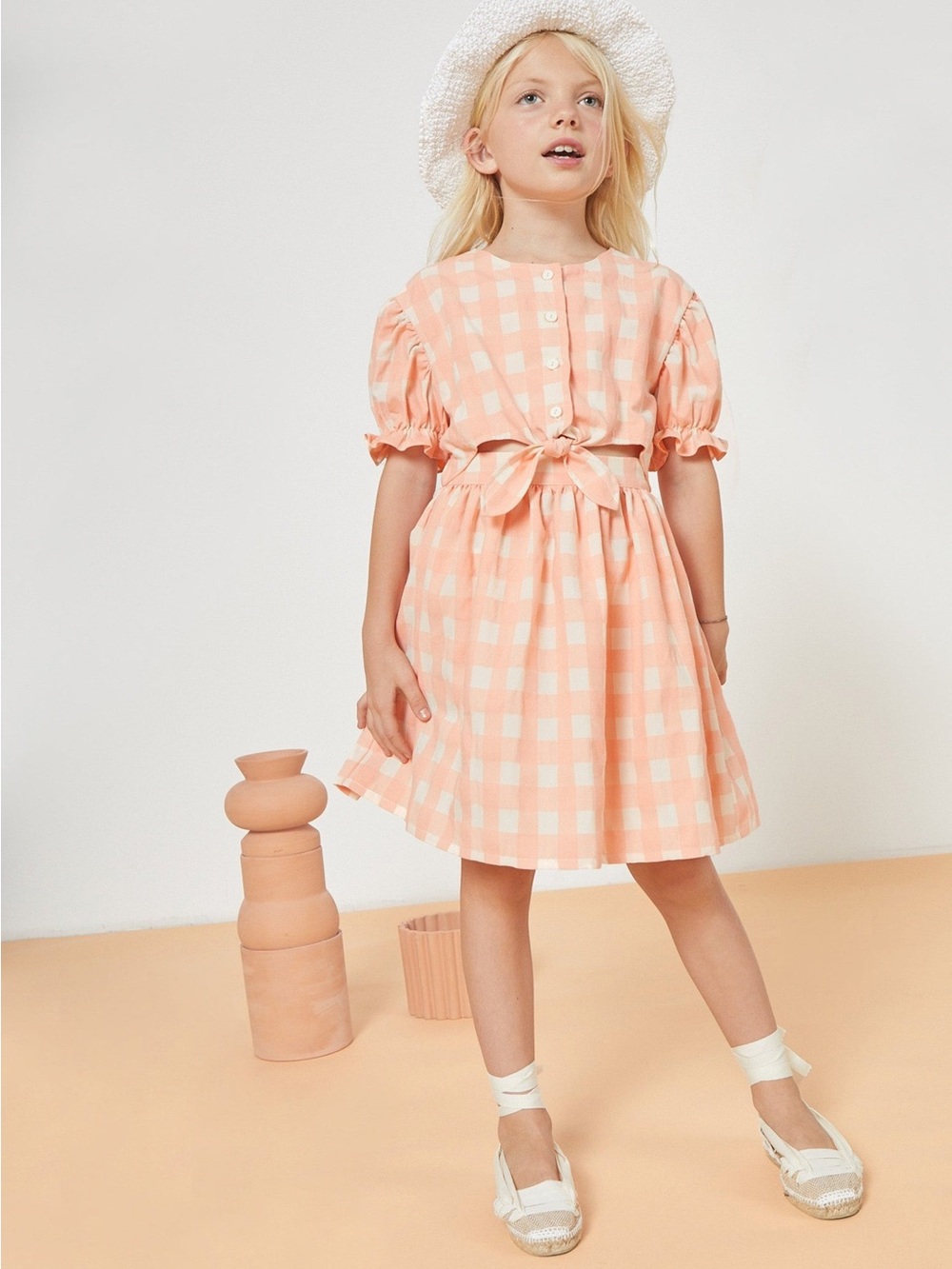 Mipounet Margot Vichy Cut-Out Dress Coral Pink Gingham Puff Sleeve Tie Waist 10